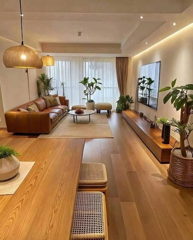 8. Caramel Brown and Natural Wood Long Living Room Idea - long living room ideas