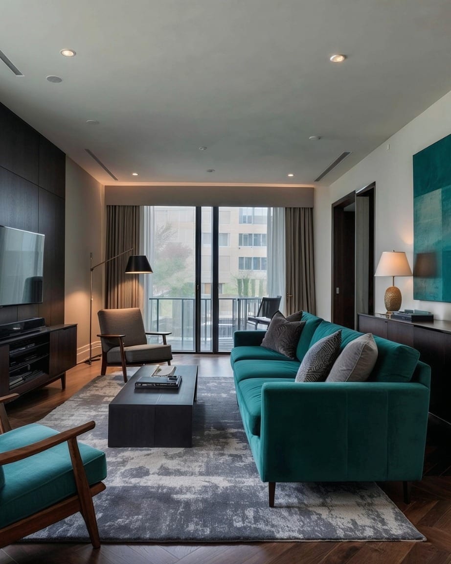 9. Teal, Charcoal and Dark Wood Long Living Room Idea - long living room ideas