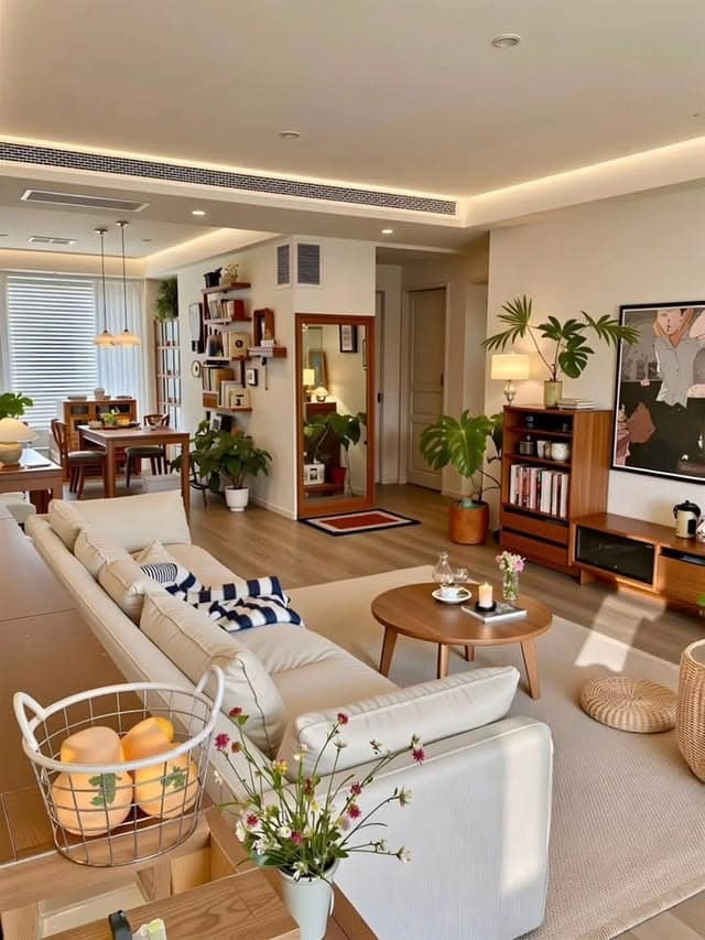 10. Cream and Mid-Tone Wood Open Long Living Room Idea - long living room ideas
