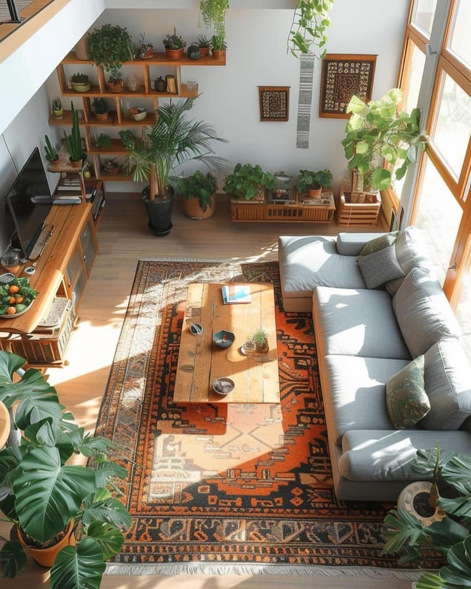 13. Soft Gray, Terracotta and Green Plant-Filled Long Living Room Idea - long living room ideas
