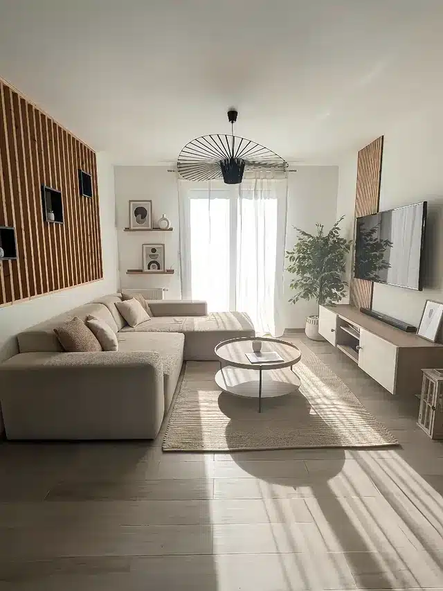 14. Warm Beige and Natural Wood Minimal Long Living Room Idea - long living room ideas