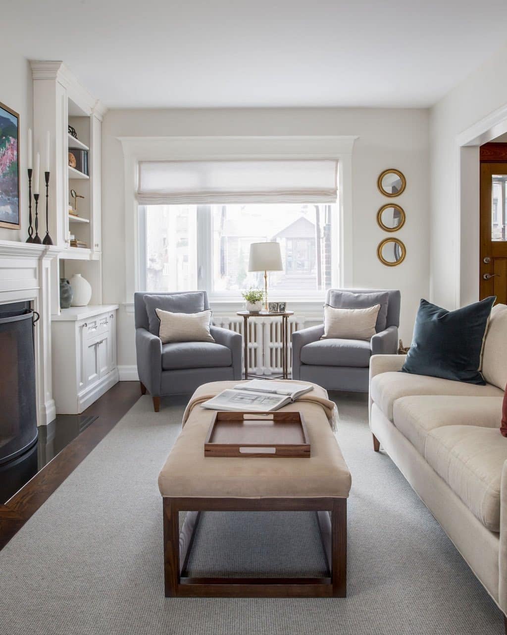 16. Cream, Powder Gray and Walnut Classic Long Living Room Idea - long living room ideas