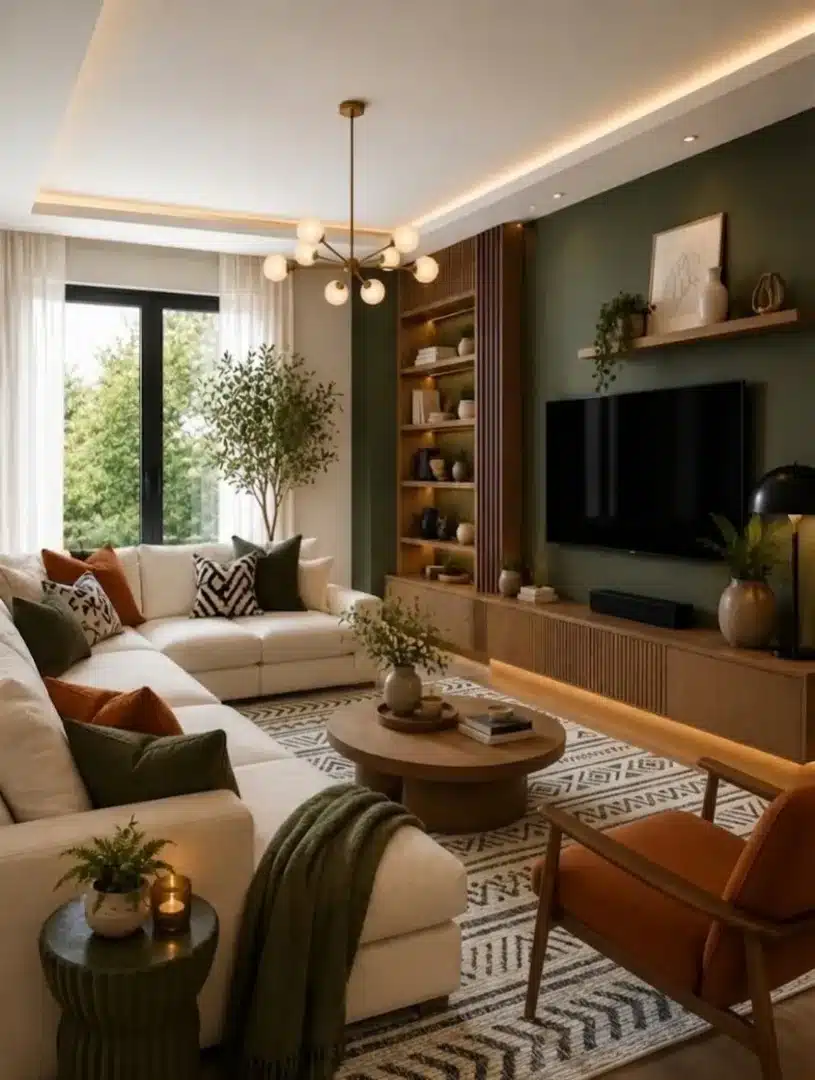 19. Cream, Forest Green and Burnt Orange Long Living Room Idea - long living room ideas