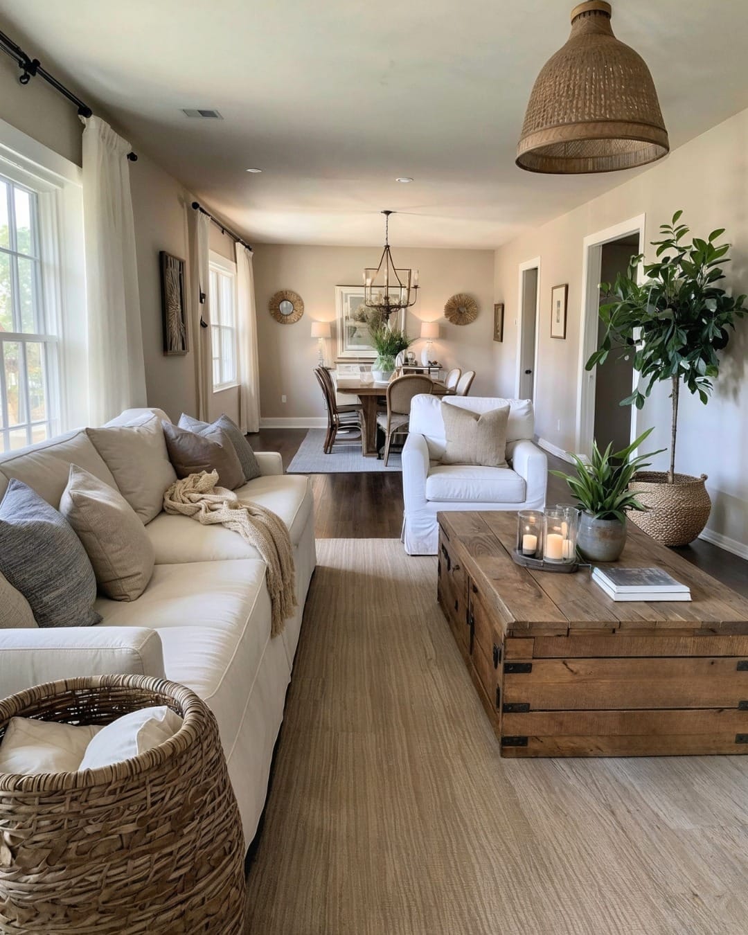 21. Cream and Rustic Wood Farmhouse Long Living Room Idea - long living room ideas