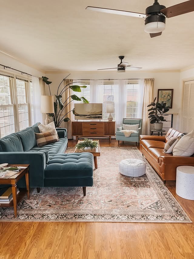22. Teal Blue and Cognac Brown Mid-Century Long Living Room Idea - long living room ideas