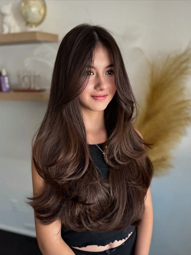 5. Chocolate Brunette Feathered Layers - Long Hairstyles for Women