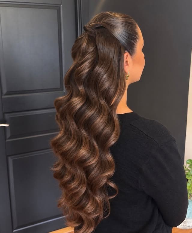 7. Warm Chocolate Brown Half-Up Waves - Long Hairstyles for Women