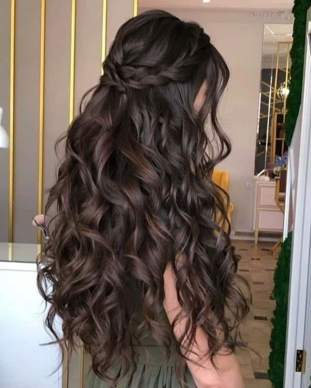 20. Dark Chocolate Braided Half-Up Curls - Long Hairstyles for Women