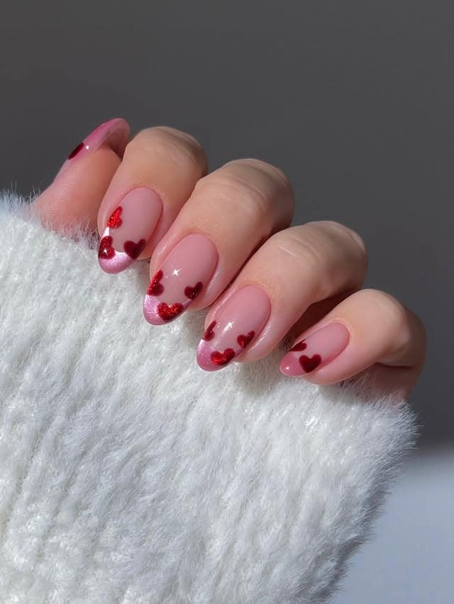 2. Pink Glitter French Nails with Burgundy Hearts - february nail ideas
