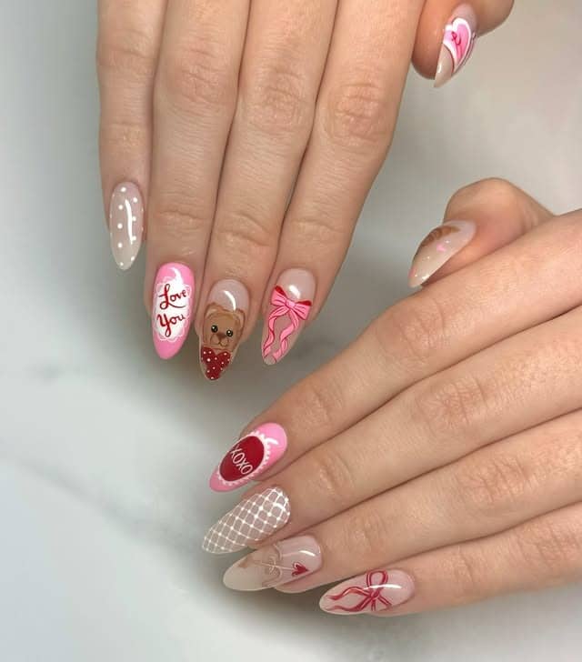 4. Pink Valentine Nail Art with Bows and Teddy Bear Details - february nail ideas