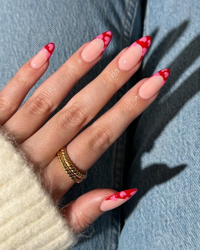 8. Pink Almond Nails with Red Heart French Tips - february nail ideas