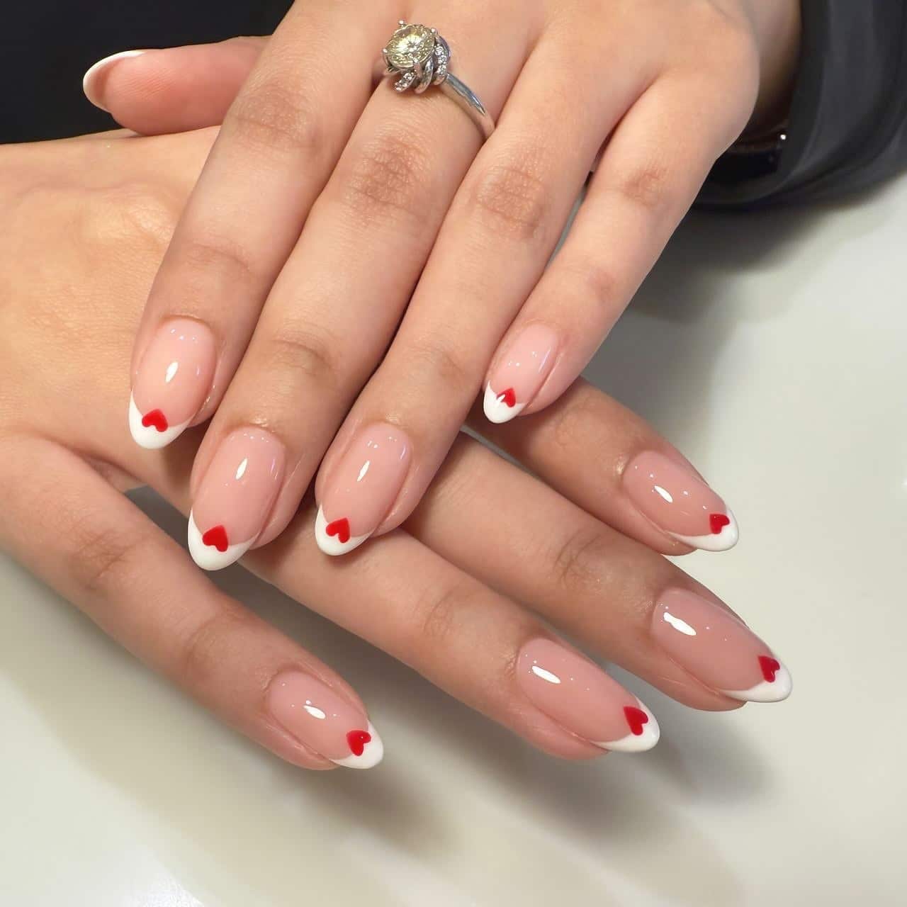 9. Nude French Nails with Red Heart Tips - february nail ideas