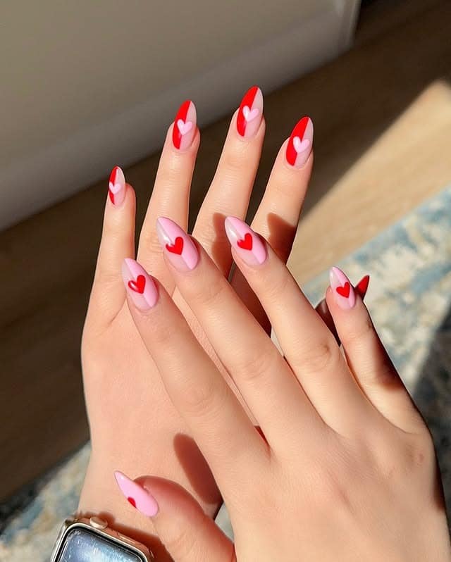 10. Pink and Red Almond Nails with Layered Hearts - february nail ideas