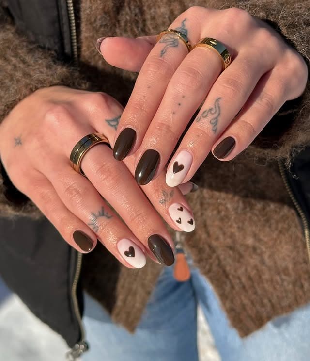 11. Chocolate Brown and Cream Heart Nails - february nail ideas