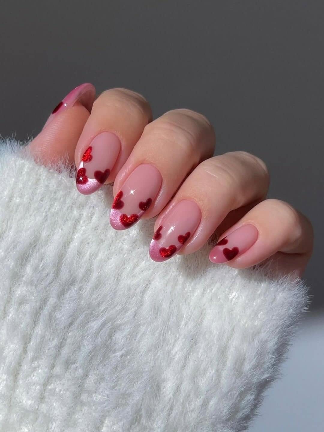 12. Pink Shimmer French Nails with Red Glitter Hearts - february nail ideas
