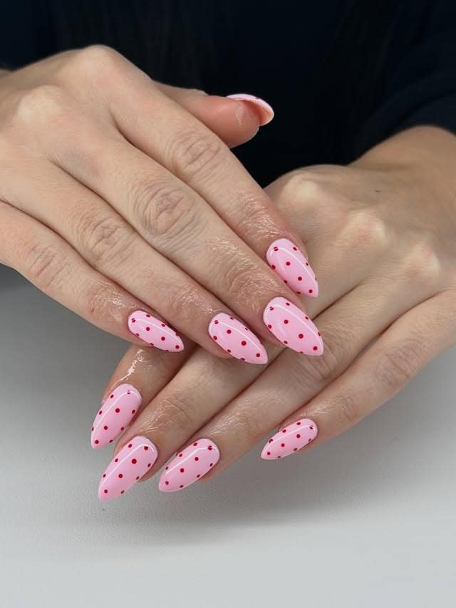 13. Baby Pink Almond Nails with Red Polka Dots - february nail ideas