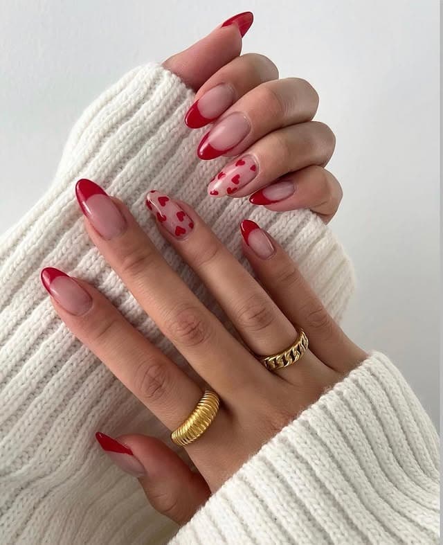 16. Red French Almond Nails with Heart Accents - february nail ideas