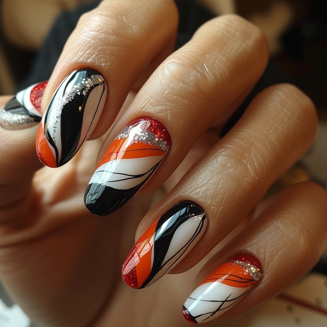 21. Black, Red and White Abstract Almond Nails - february nail ideas