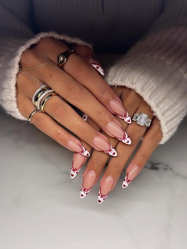 22. White French Almond Nails with Red Bows and Hearts - february nail ideas