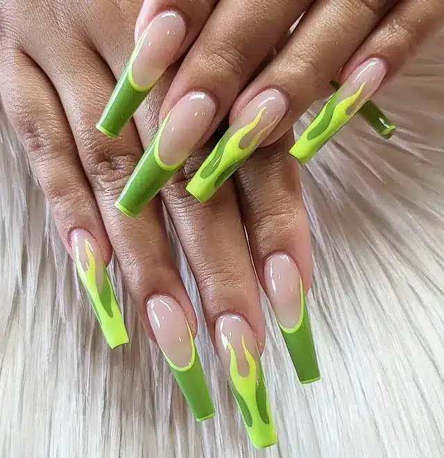 3. Lime Green Flame Coffin Nails - lime green nail ideas
