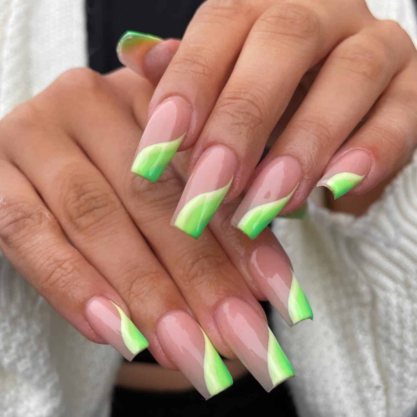 4. Lime Green Swirl French Square Nails - lime green nail ideas