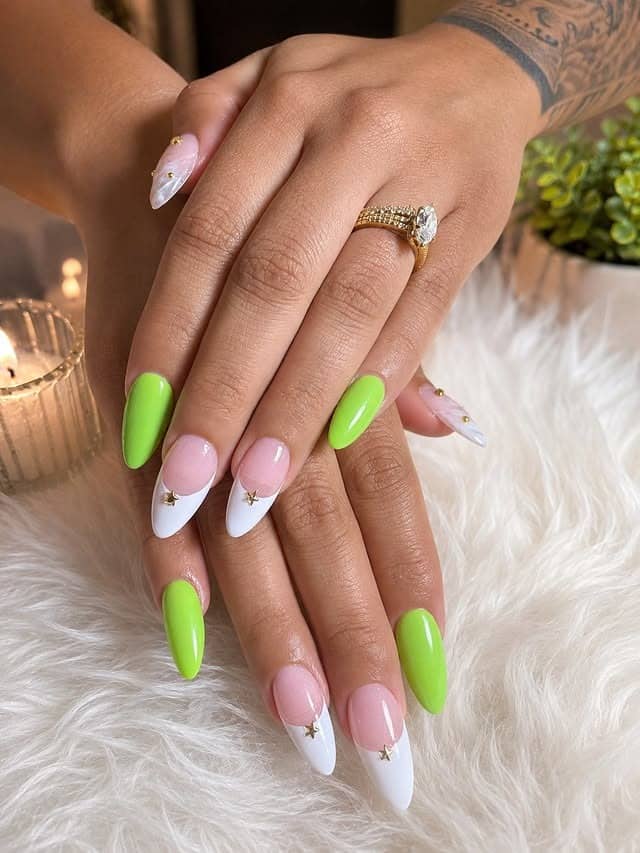 5. Lime Green and White Almond Nails - lime green nail ideas