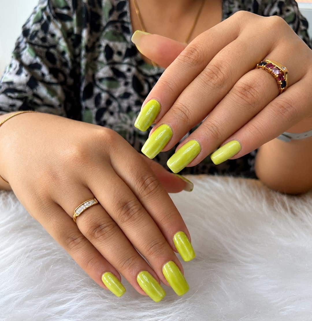 6. Shimmering Chartreuse Lime Square Nails - lime green nail ideas