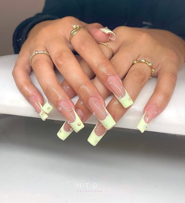 9. Pale Lime Green French Square Nails - lime green nail ideas