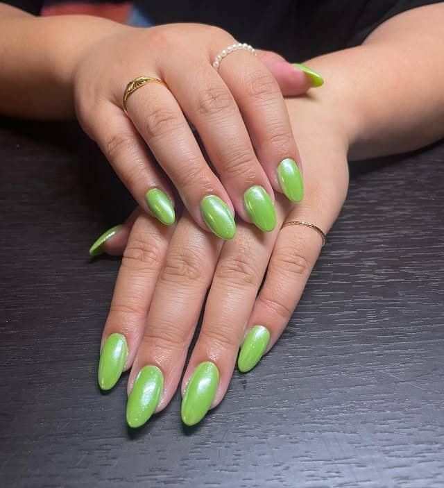 10. Pearlescent Lime Green Almond Nails - lime green nail ideas
