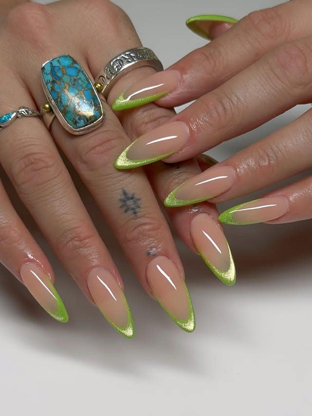 11. Glitter Lime Green French Almond Nails - lime green nail ideas