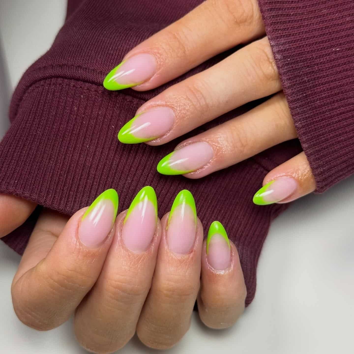 12. Neon Lime Green French Almond Nails - lime green nail ideas