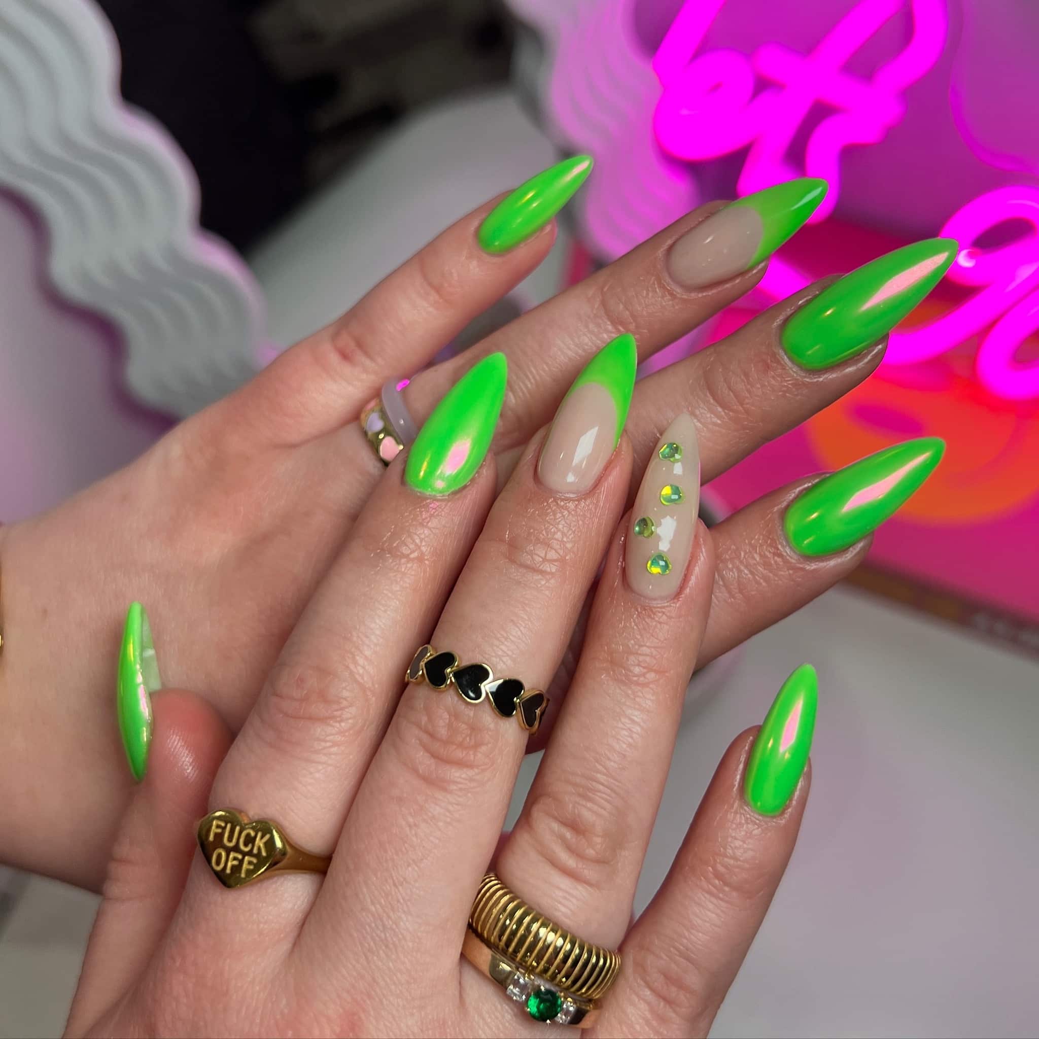 13. Chrome Lime Green Stiletto Nails - lime green nail ideas