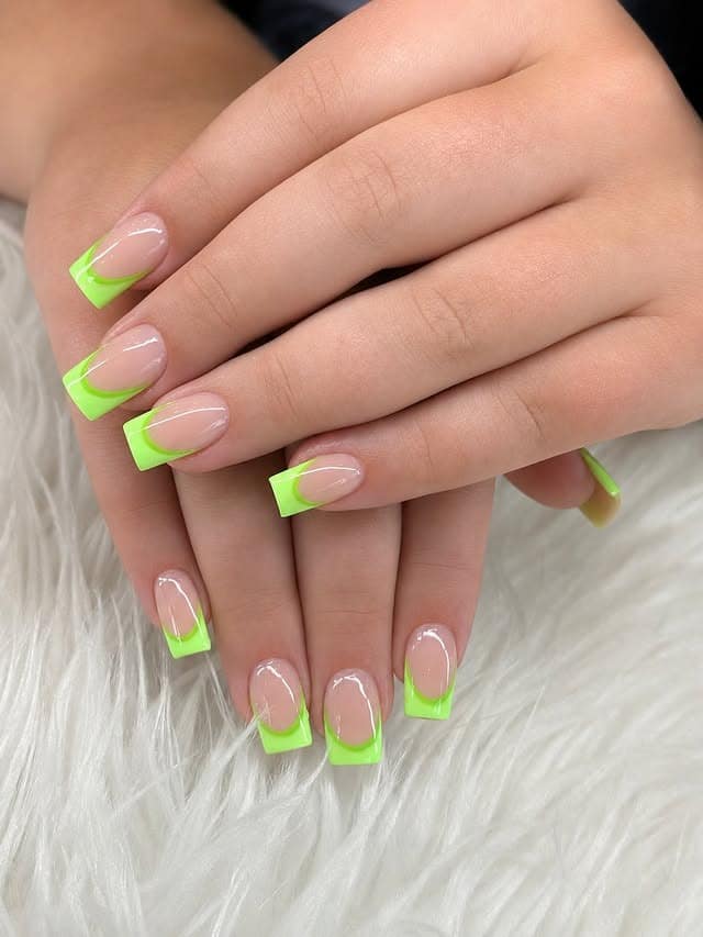 14. Lime Green Double French Square Nails - lime green nail ideas