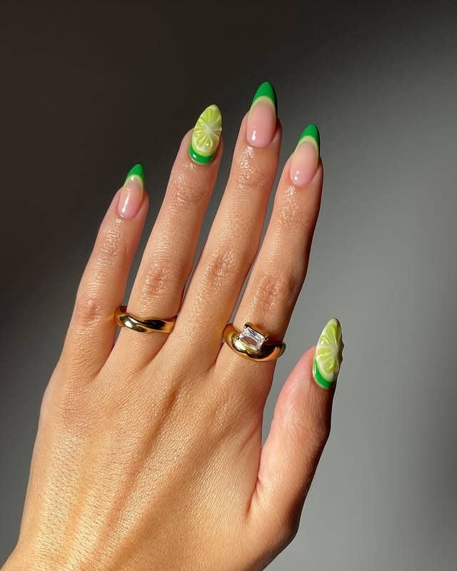 15. Lime Green Citrus Almond Nails - lime green nail ideas