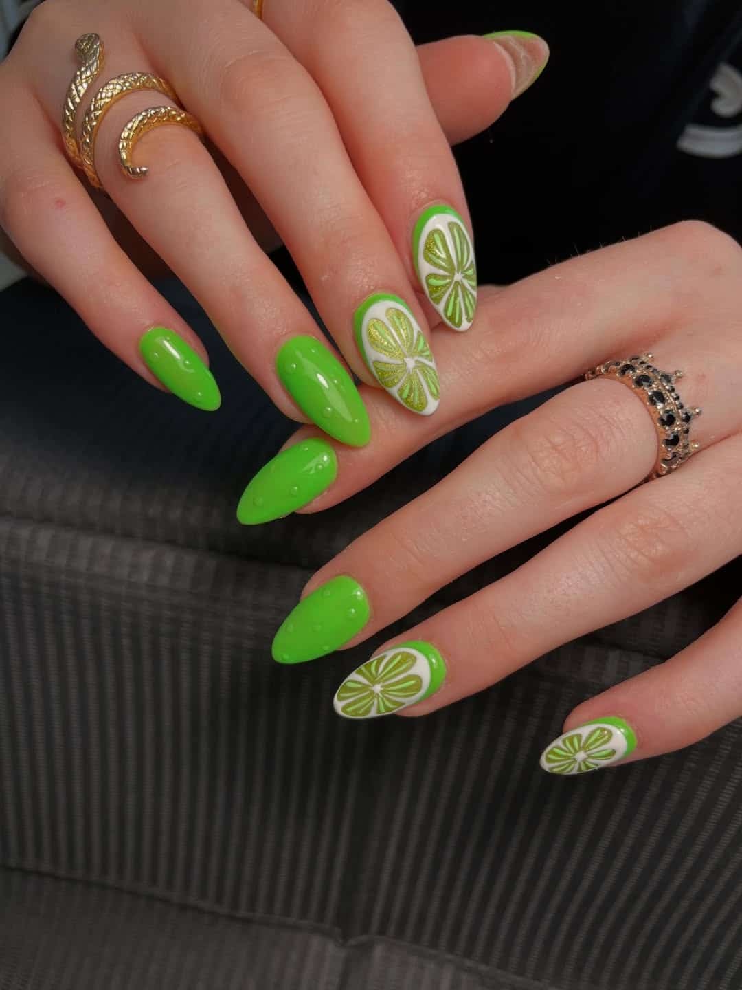 16. Lime Green Citrus Accent Almond Nails - lime green nail ideas