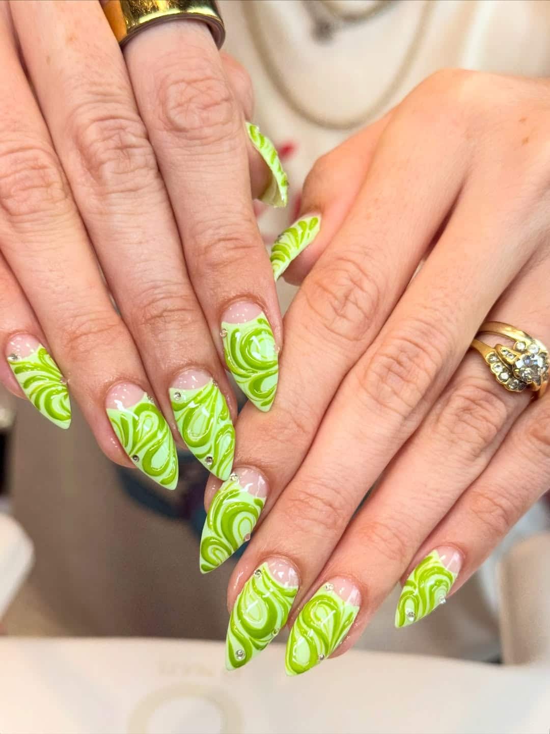 17. Lime Green Swirl Stiletto Nails - lime green nail ideas