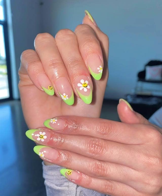 18. Lime Green Daisy French Almond Nails - lime green nail ideas