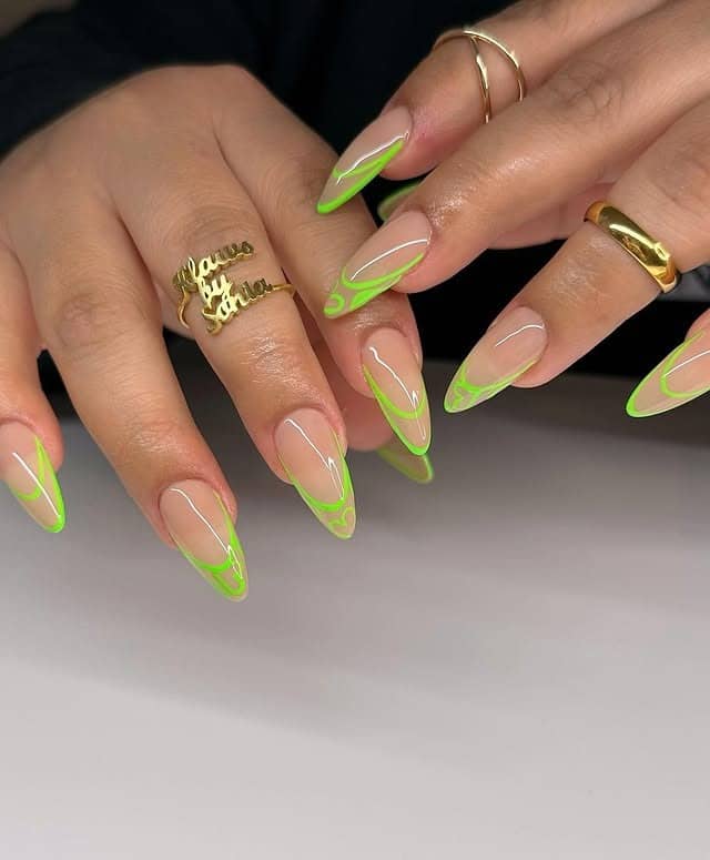 19. Lime Green Outline Almond Nails - lime green nail ideas