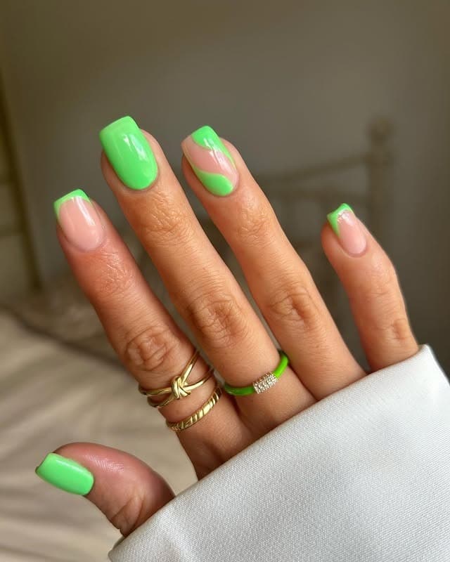 20. Lime Green Abstract Square Nails - lime green nail ideas