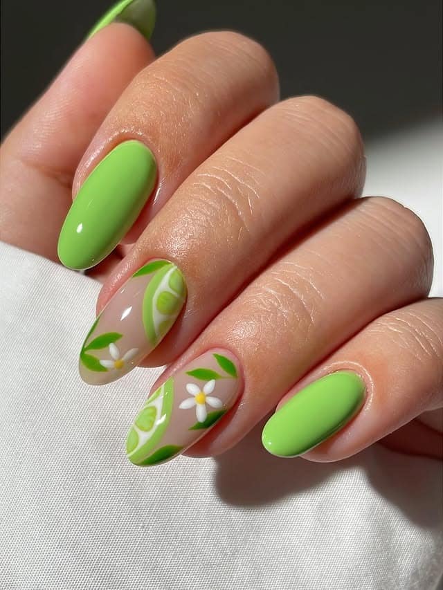 21. Lime Green Floral Almond Nails - lime green nail ideas