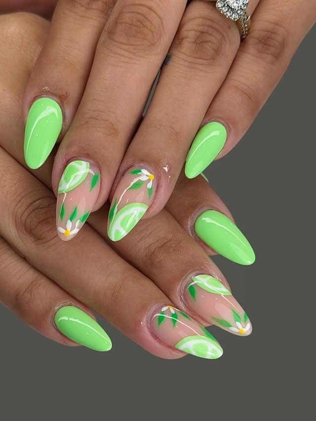 22. Lime Green Citrus Floral Almond Nails - lime green nail ideas