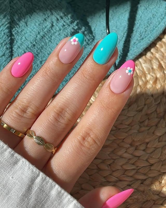 1. Glossy Pink and Turquoise Daisy Almond Nails - pink and blue nail ideas