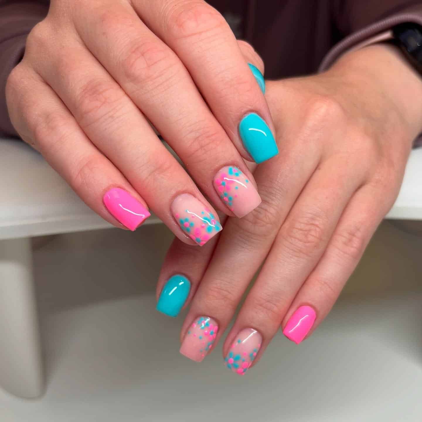 3. Pink and Turquoise Floral Square Nails - pink and blue nail ideas