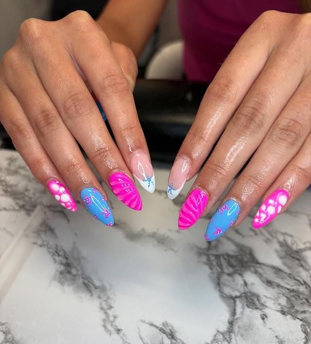 4. Bright Pink and Blue Mixed Art Almond Nails - pink and blue nail ideas