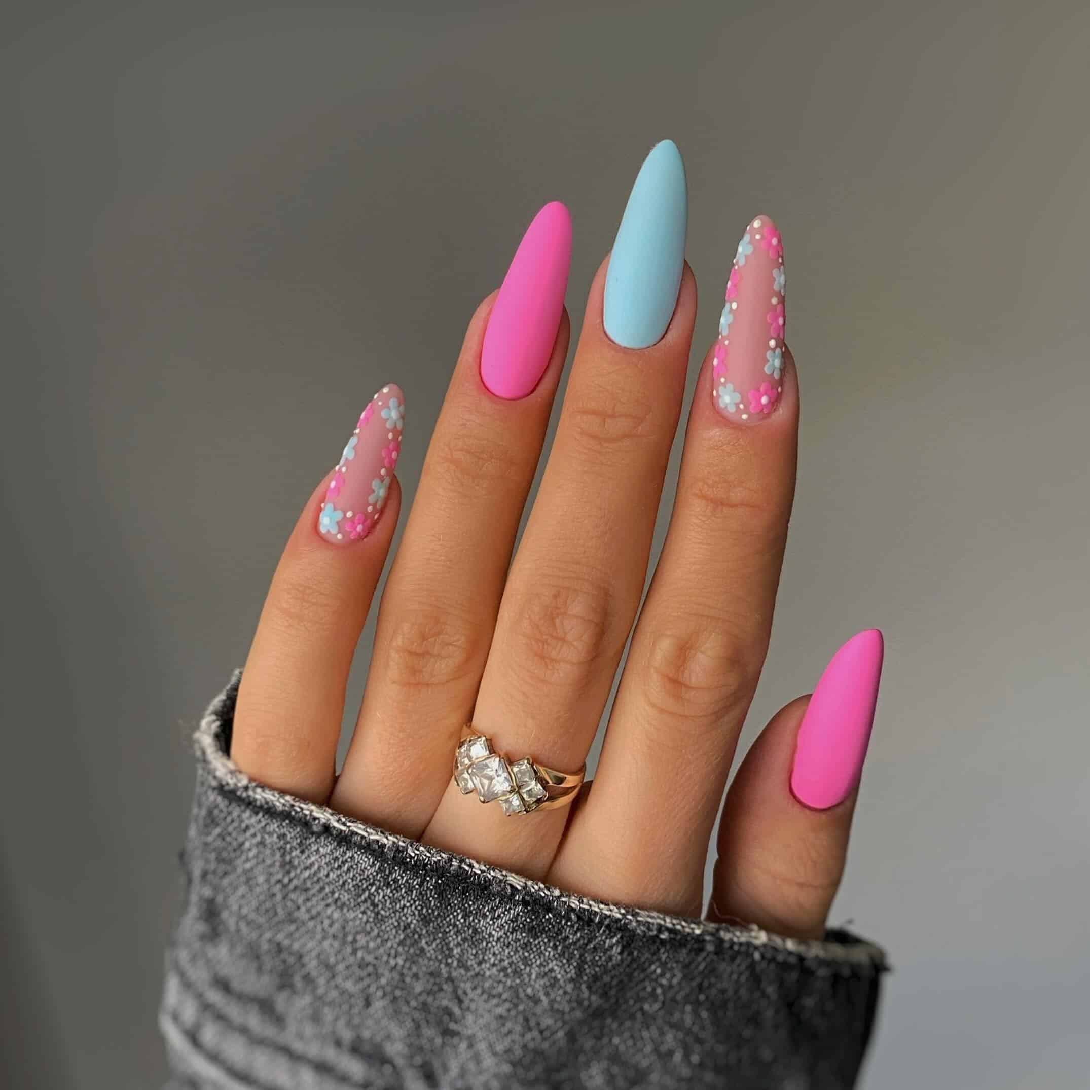 5. Matte Pink and Baby Blue Daisy Stiletto Nails - pink and blue nail ideas
