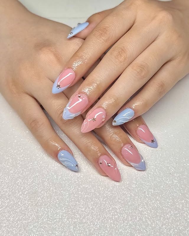 6. Pastel Pink and Periwinkle French Almond Nails - pink and blue nail ideas