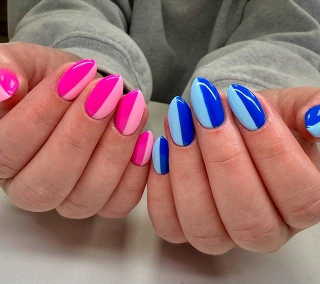 7. Pink and Cobalt Blue Color-Block Oval Nails - pink and blue nail ideas