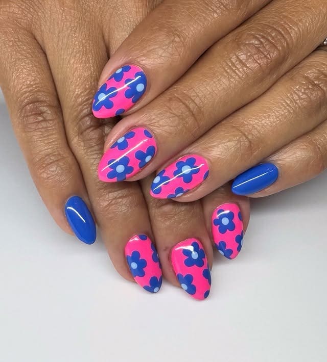8. Pink and Royal Blue Retro Flower Almond Nails - pink and blue nail ideas