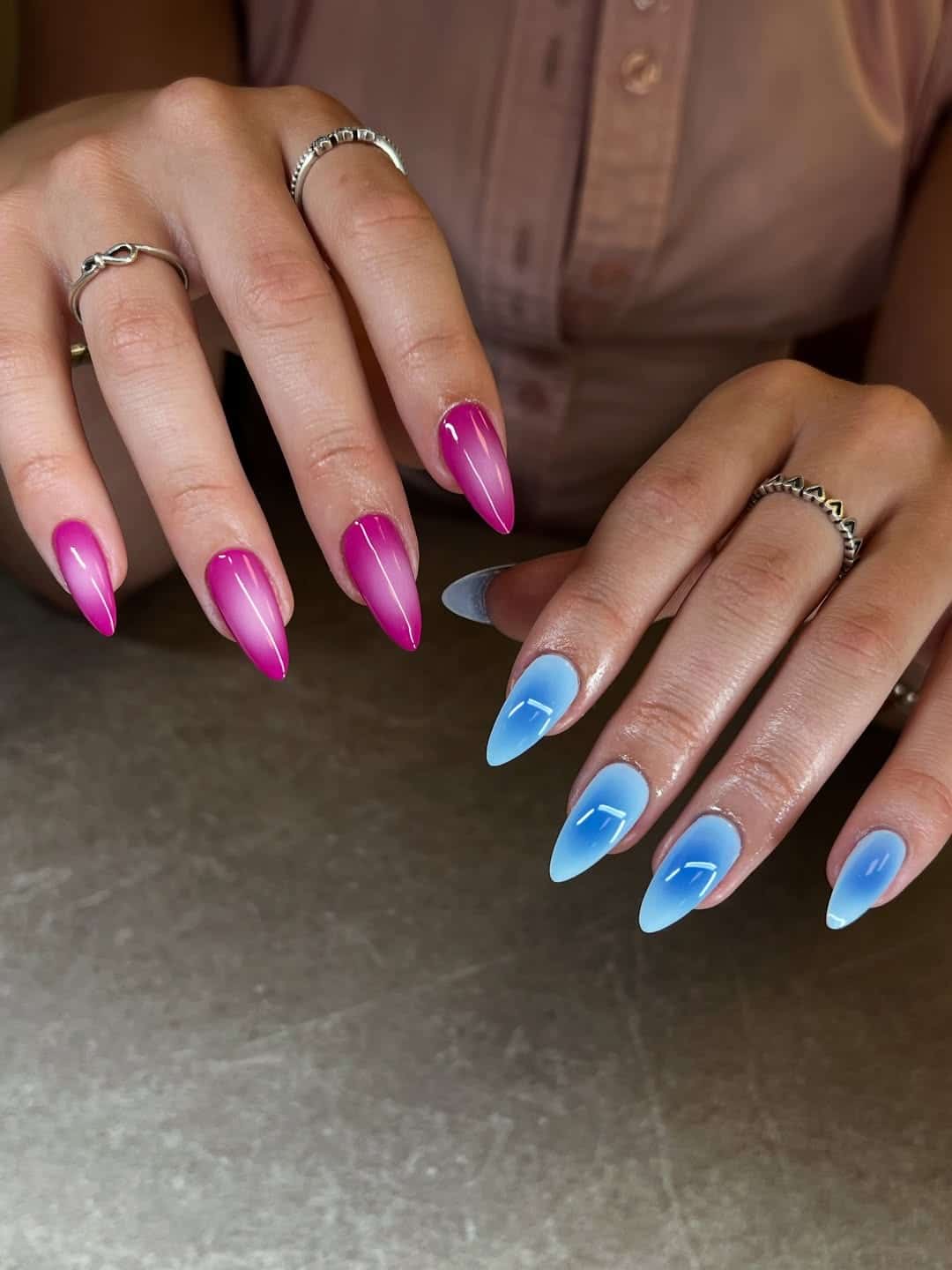 9. Pink and Powder Blue Ombre Stiletto Nails - pink and blue nail ideas
