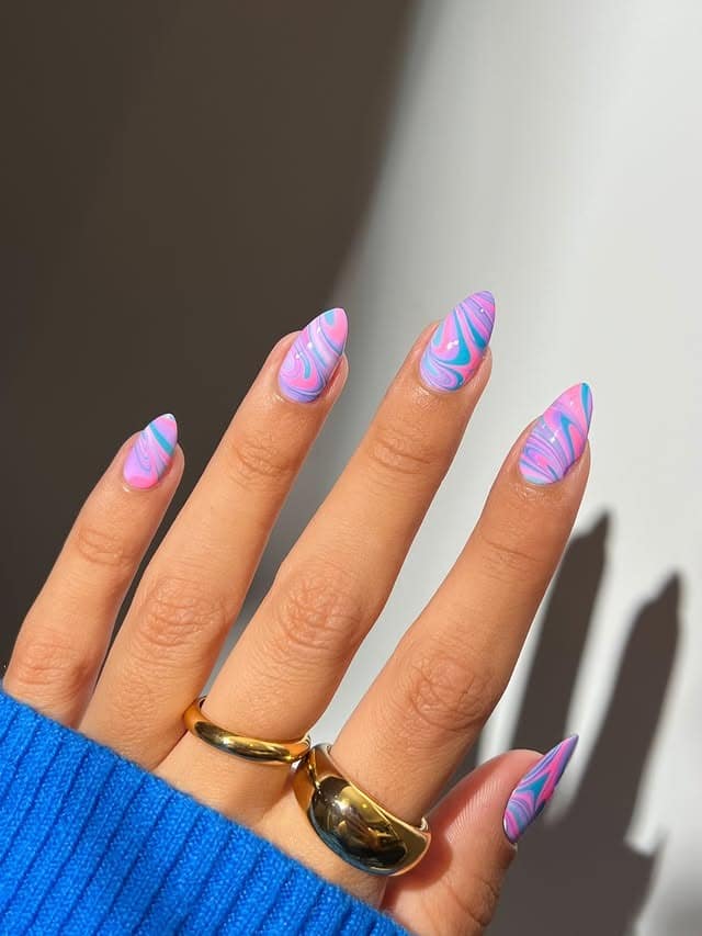 10. Pink, Blue and Lavender Marble Almond Nails - pink and blue nail ideas